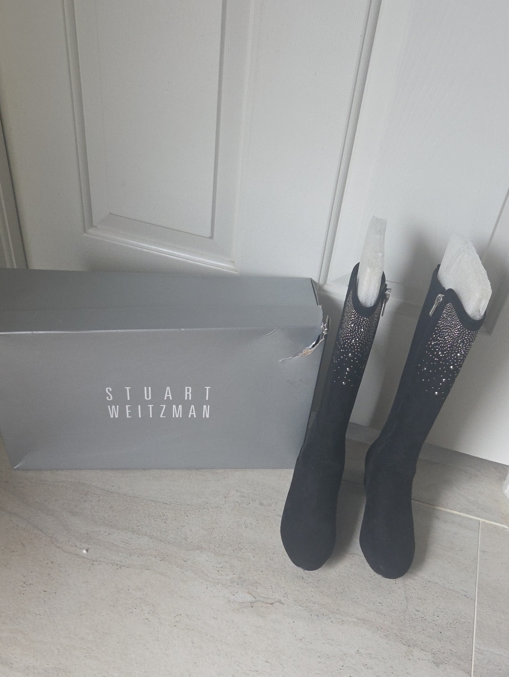 Stuart Weitzman Black Suede Knee-High Boots with Crystal Embellishment